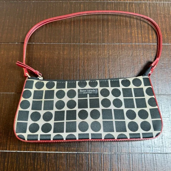 Y2K Baguette Shoulder Bag Black White Geometric Print Red Trim Mini Purse - Picture 3 of 12